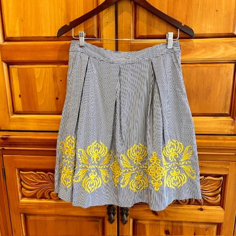 I.N.C. Striped and Embroidered Pleated A-Line Skirt - Navy/White/Yellow